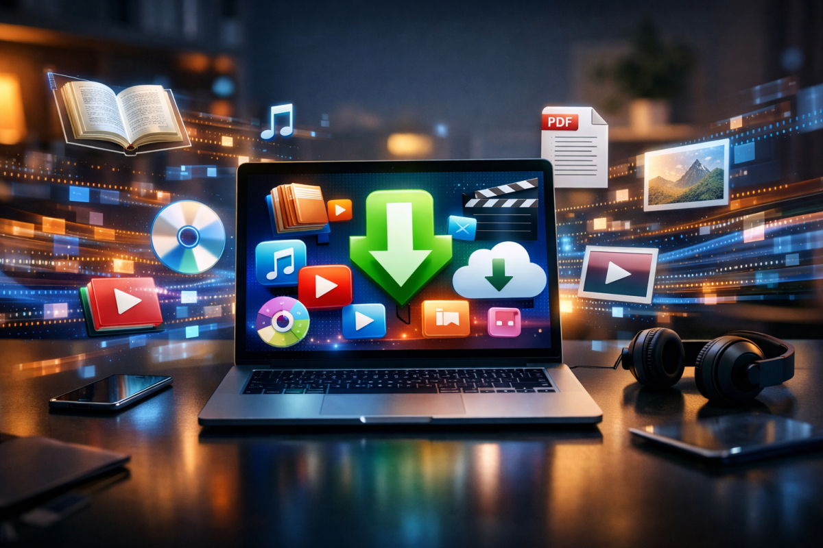 Digital products floating on abstract background