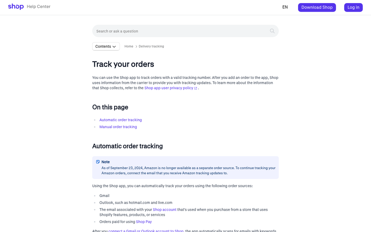 Shop by Shopify shipment tracking interface