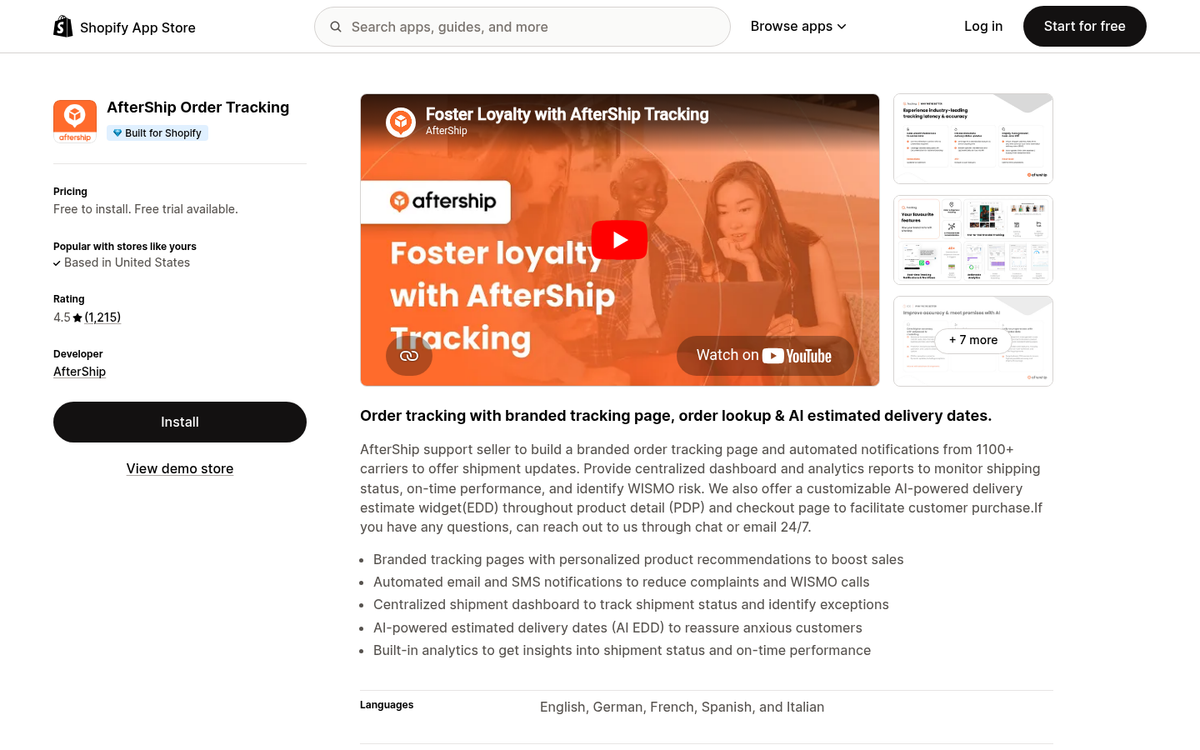 AfterShip tracking dashboard interface screenshot