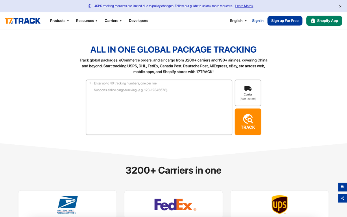 17Track shipment tracking dashboard interface screenshot