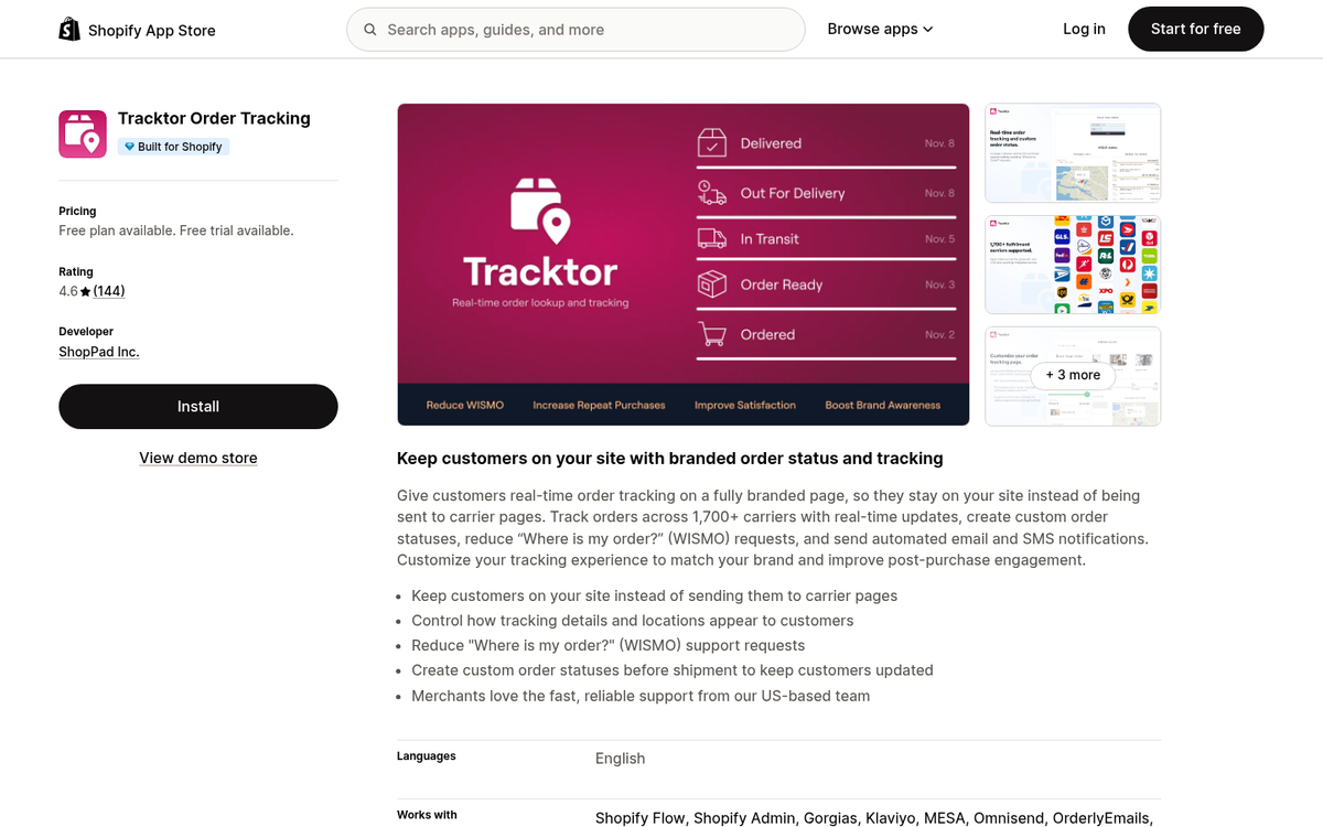 Tracktor shipment tracking app Shopify interface