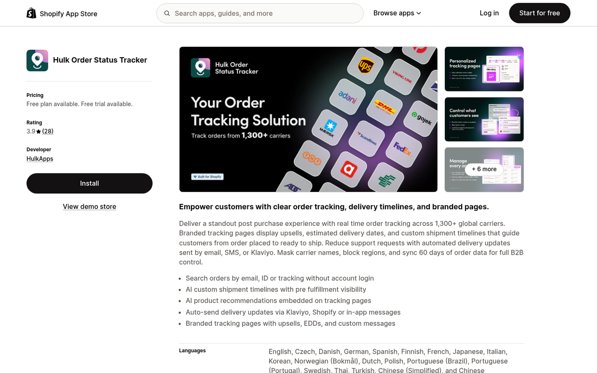 Hulk Order Status Tracker app interface