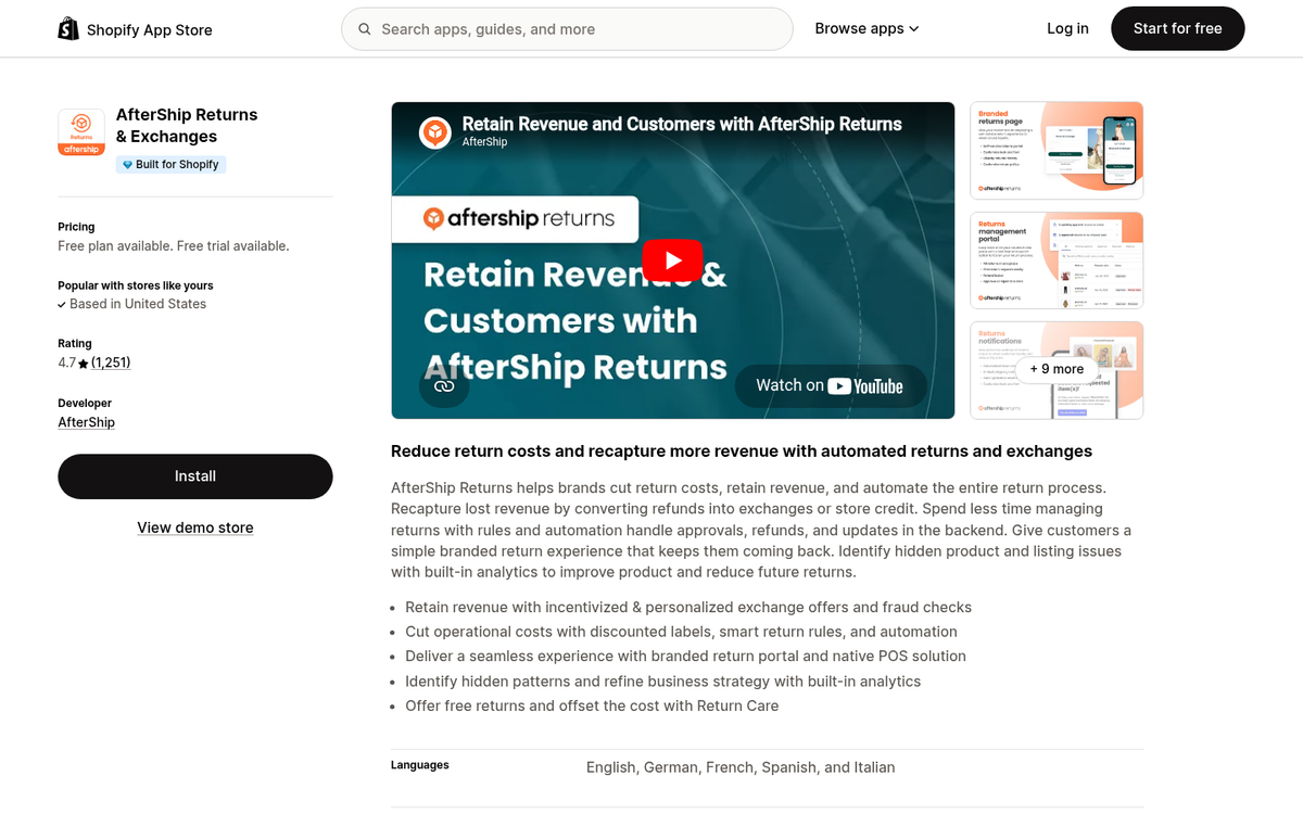 AfterShip Returns app dashboard interface screenshot