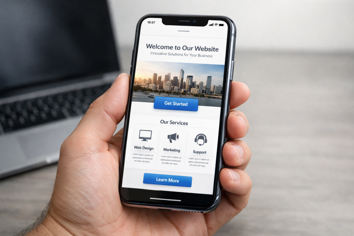 Smartphone displaying mobile-optimized website interface