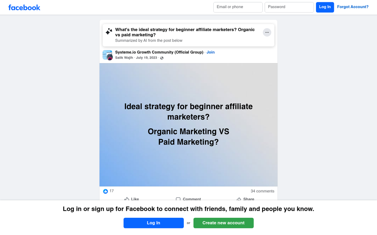 Facebook post promoting affiliate product link
