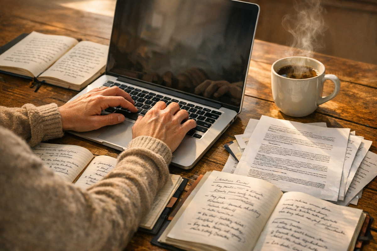 Person writing detailed long form content