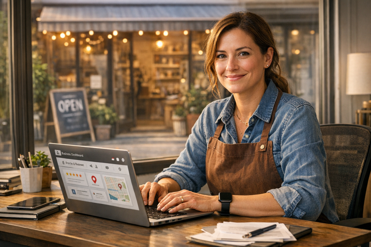 Person optimizing business profiles on laptop