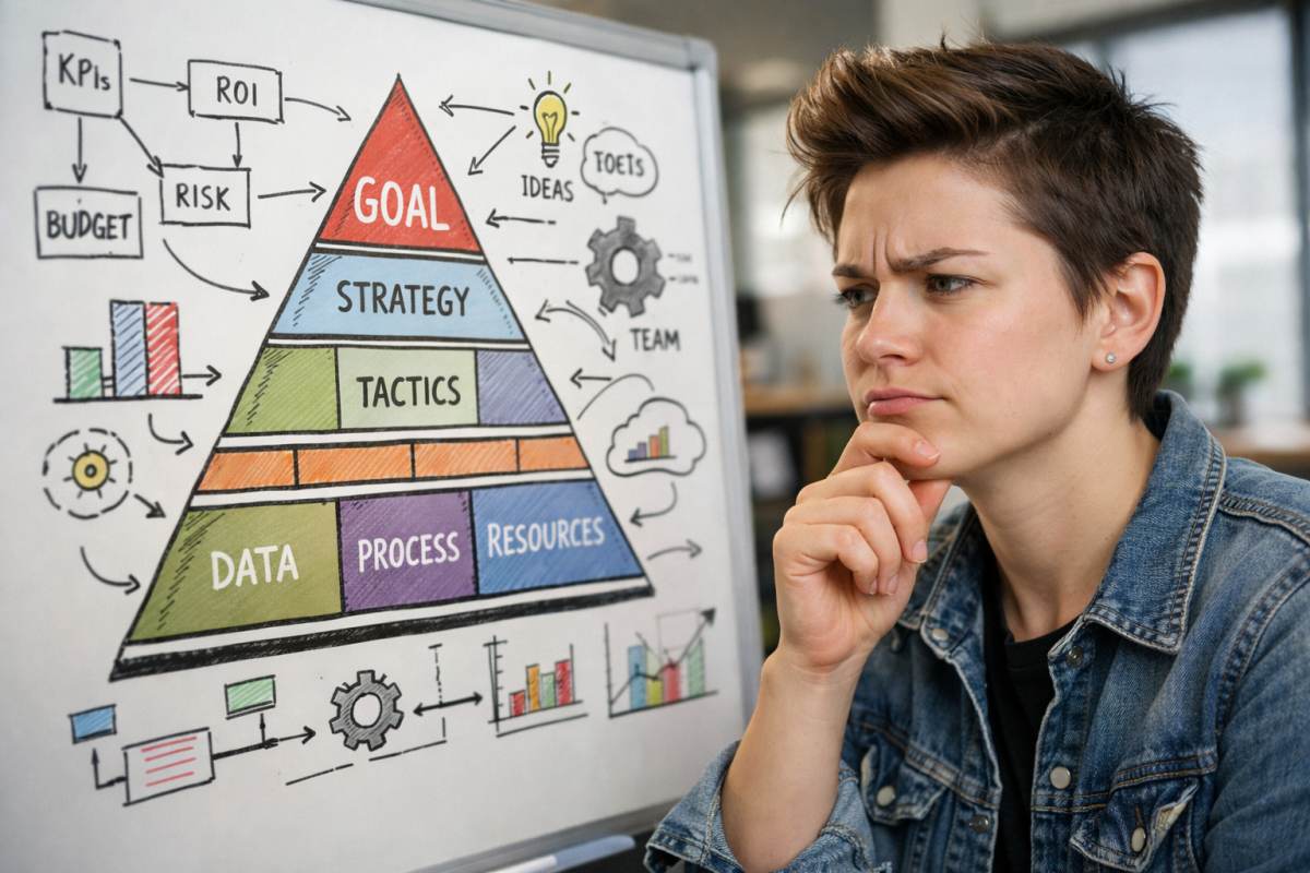 Person avoiding a pyramid scheme warning sign