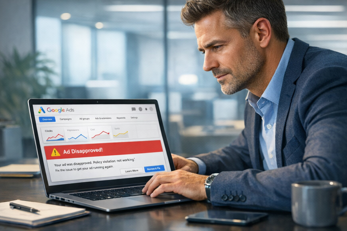 Person reviewing rejected ad on laptop