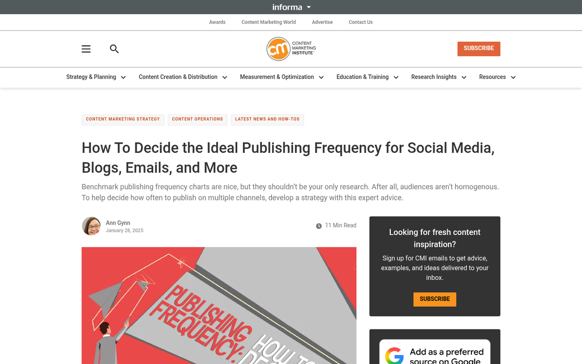 Website content calendar showing posting frequency