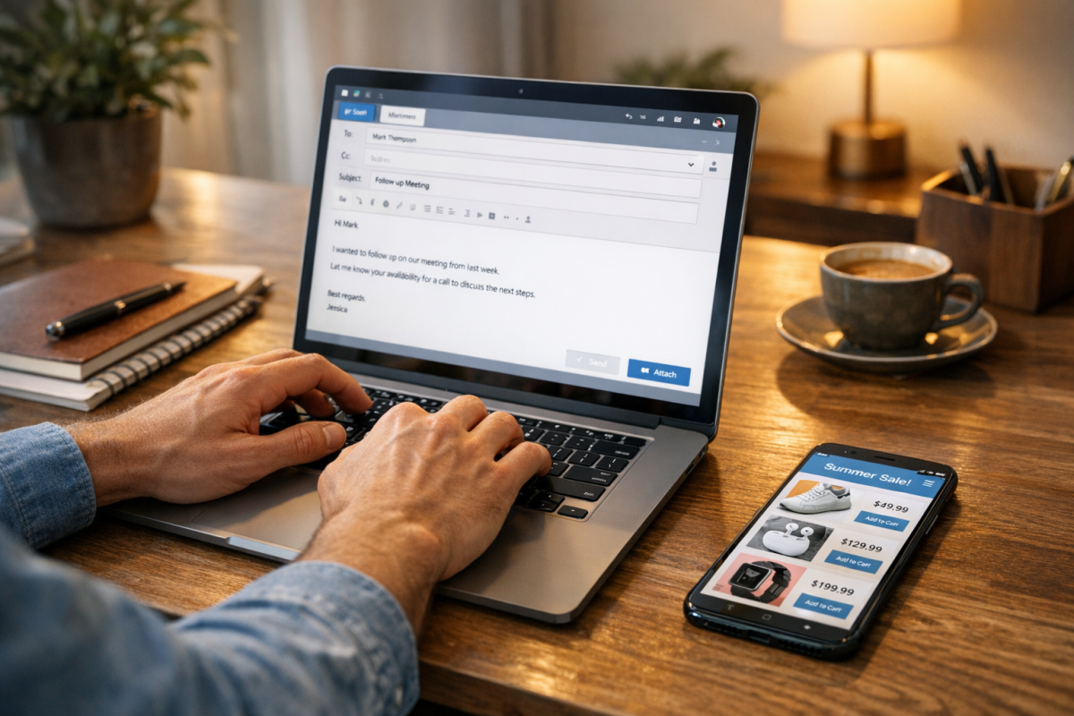 Customer leaving positive review on laptop