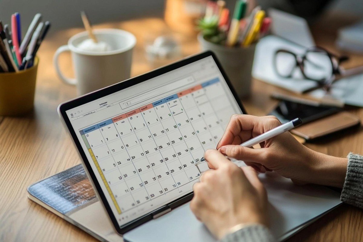 Person planning blog posts on calendar