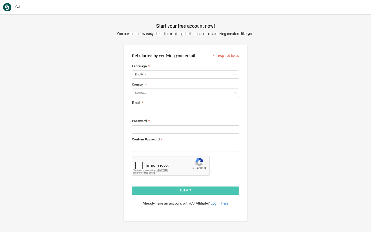 CJ Affiliate account requirements signup page