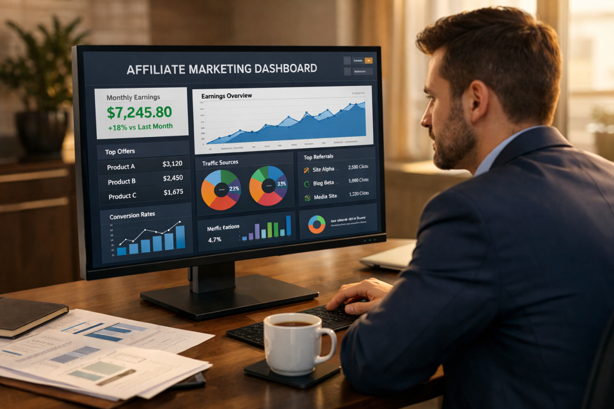 Person browsing affiliate offers on a laptop