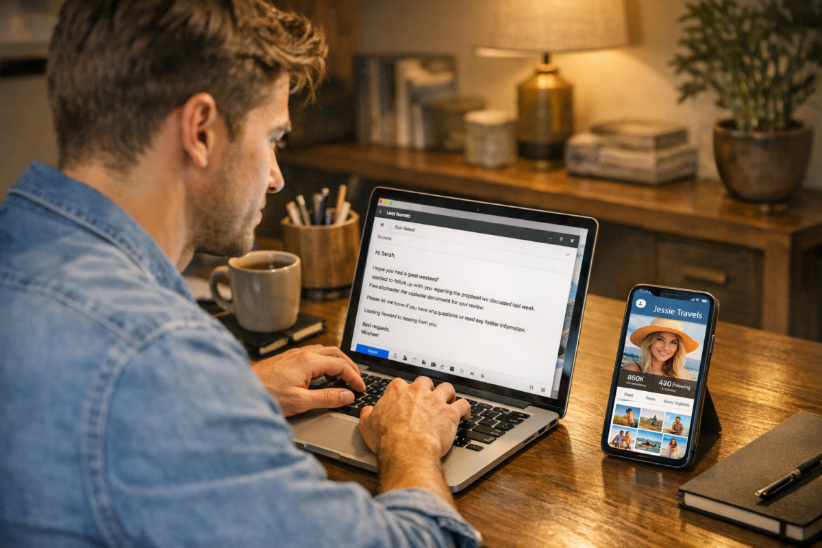 Influencer reviewing eBook on laptop screen