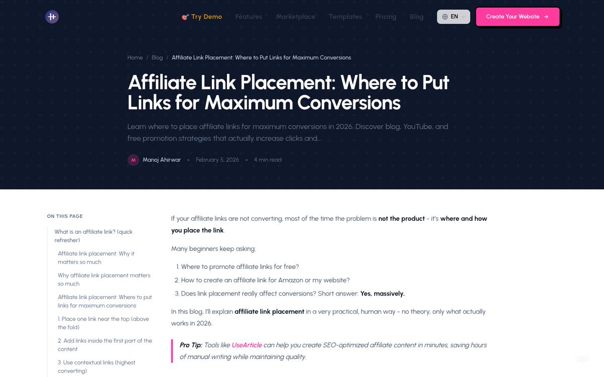 Affiliate links crowded at top of page