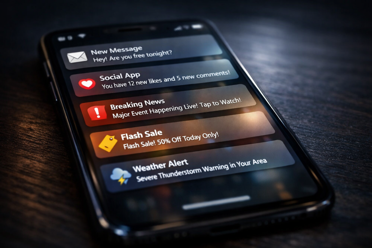 Mobile push notification ad on smartphone screen