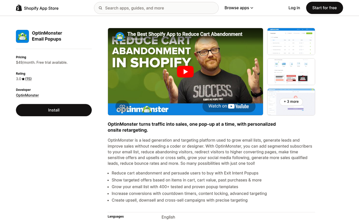 OptinMonster Shopify integration dashboard screenshot