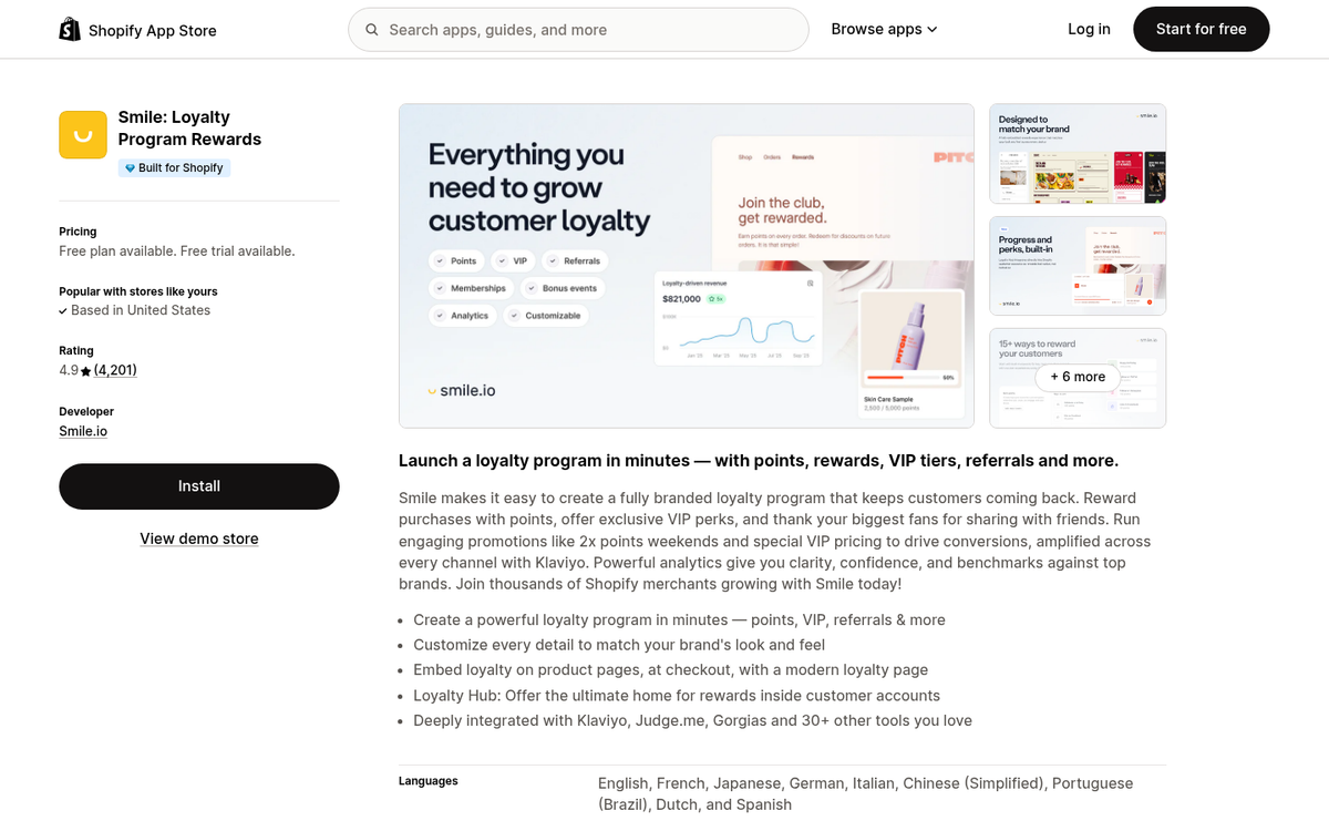 Smile loyalty rewards program Shopify integration