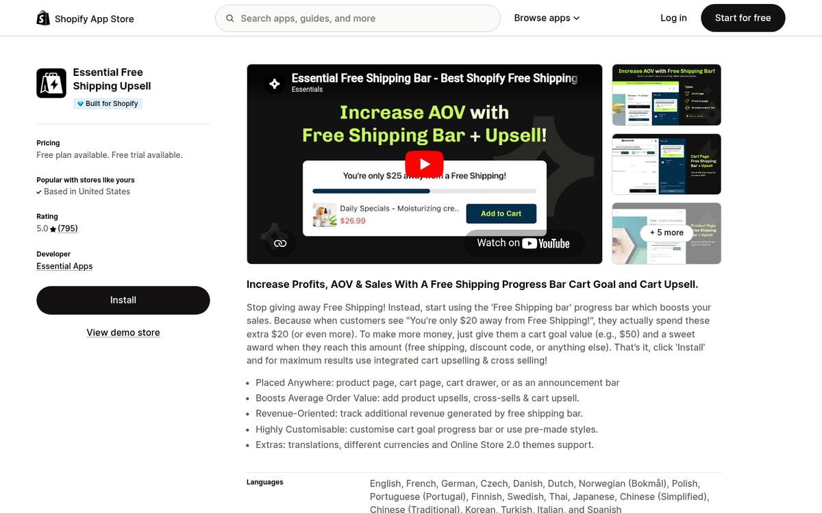 Free shipping bar displayed on Shopify store