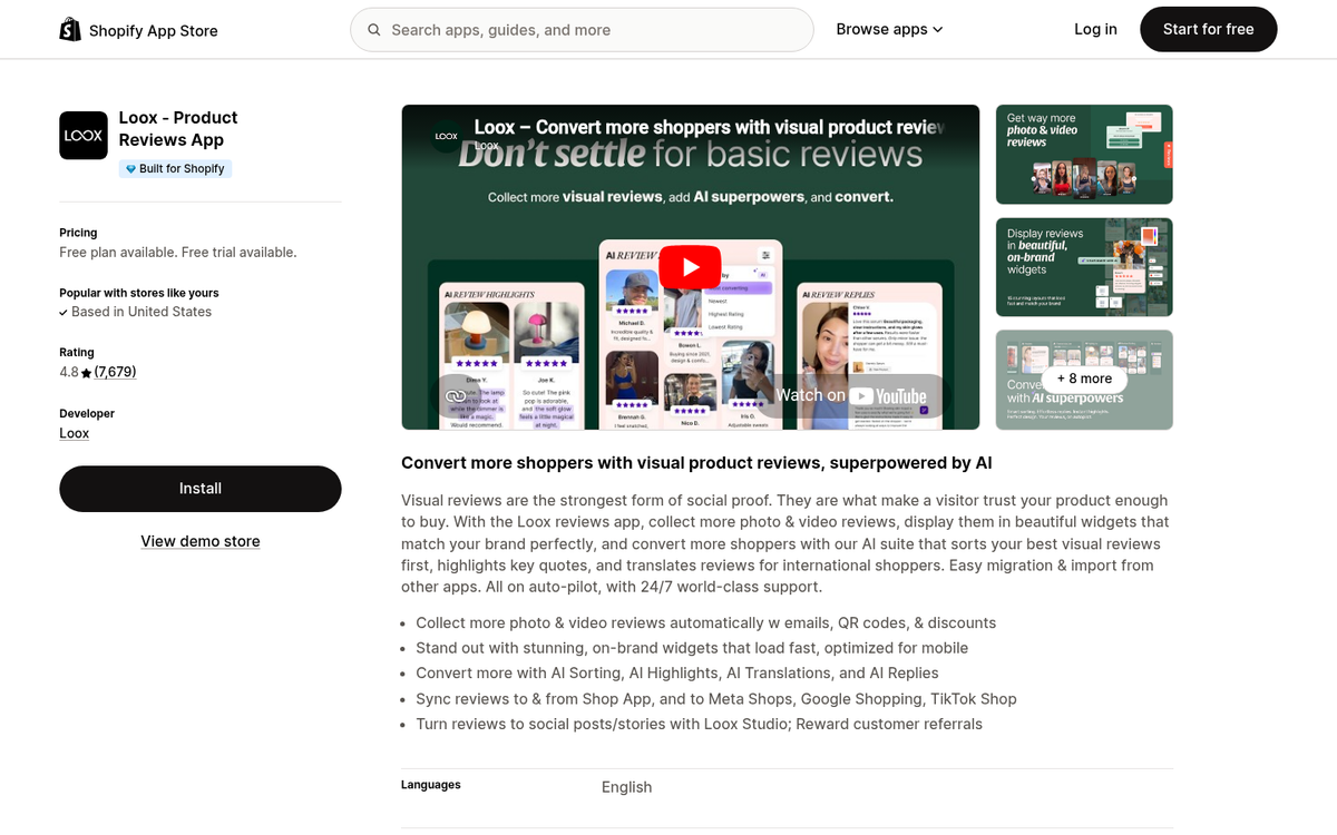 Loox product reviews app Shopify interface