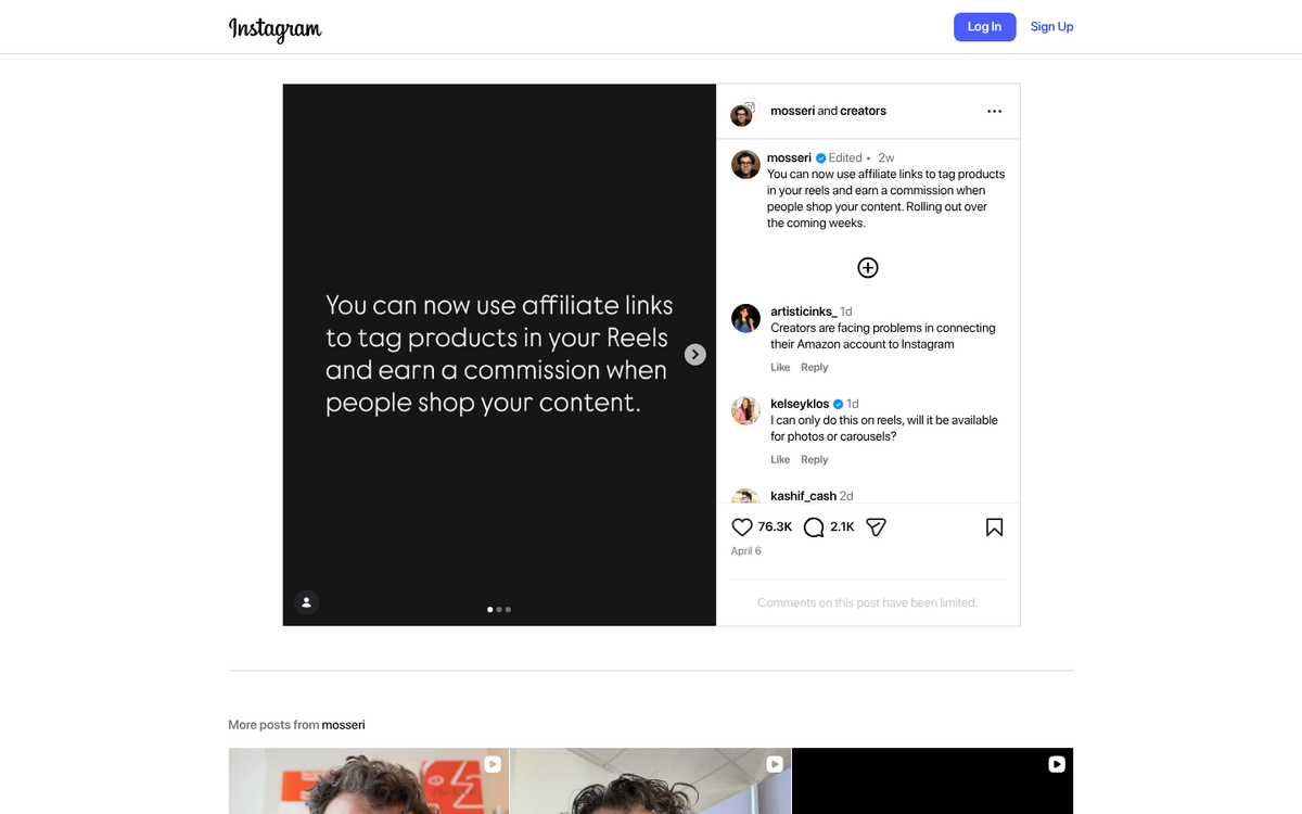 Instagram photo feed with affiliate link post