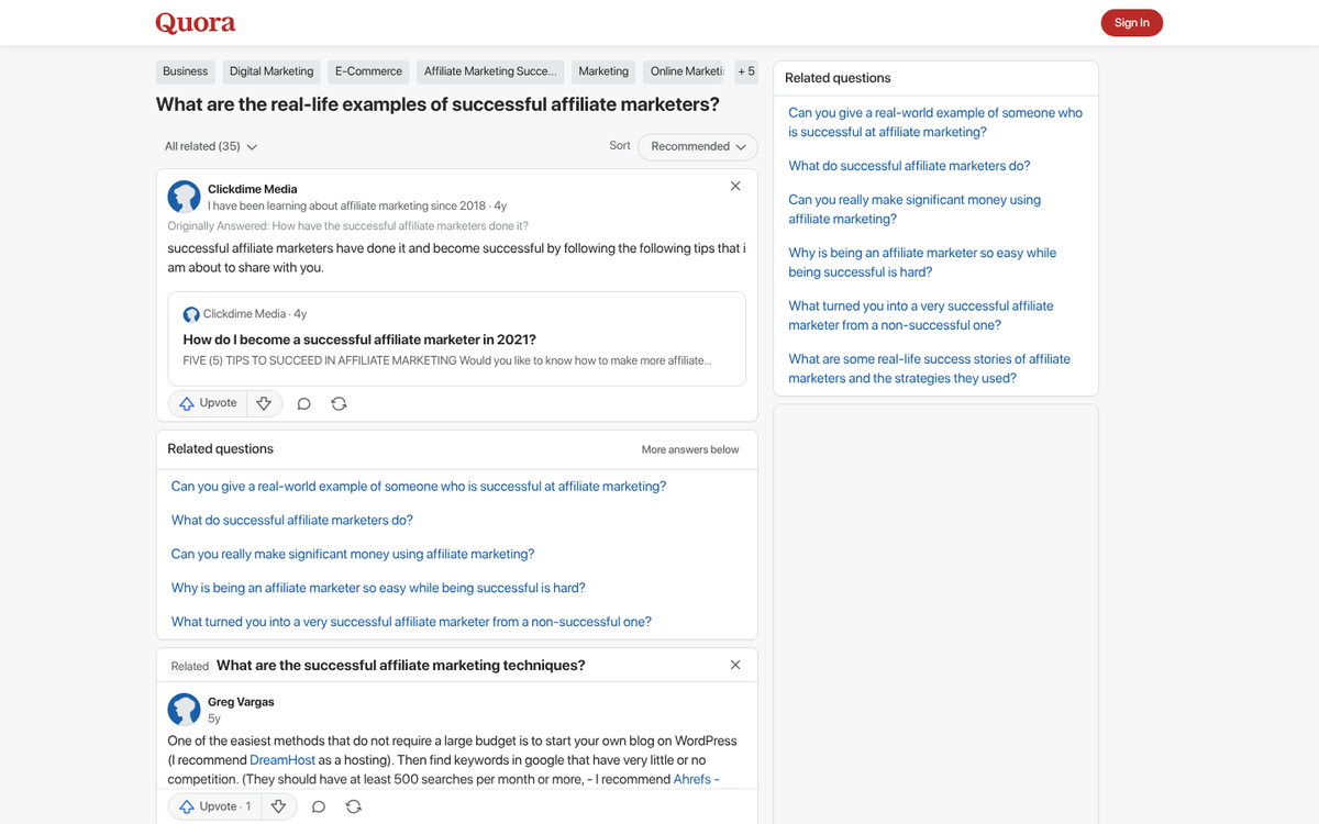 Quora answer page with affiliate link