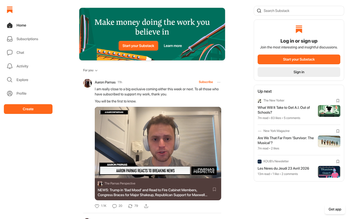 Substack newsletter platform homepage screenshot