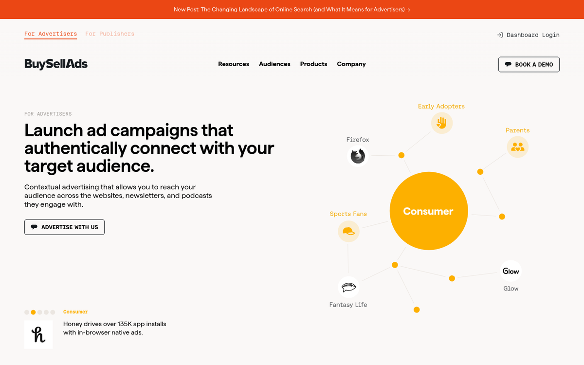 BuySellAds advertising marketplace website homepage