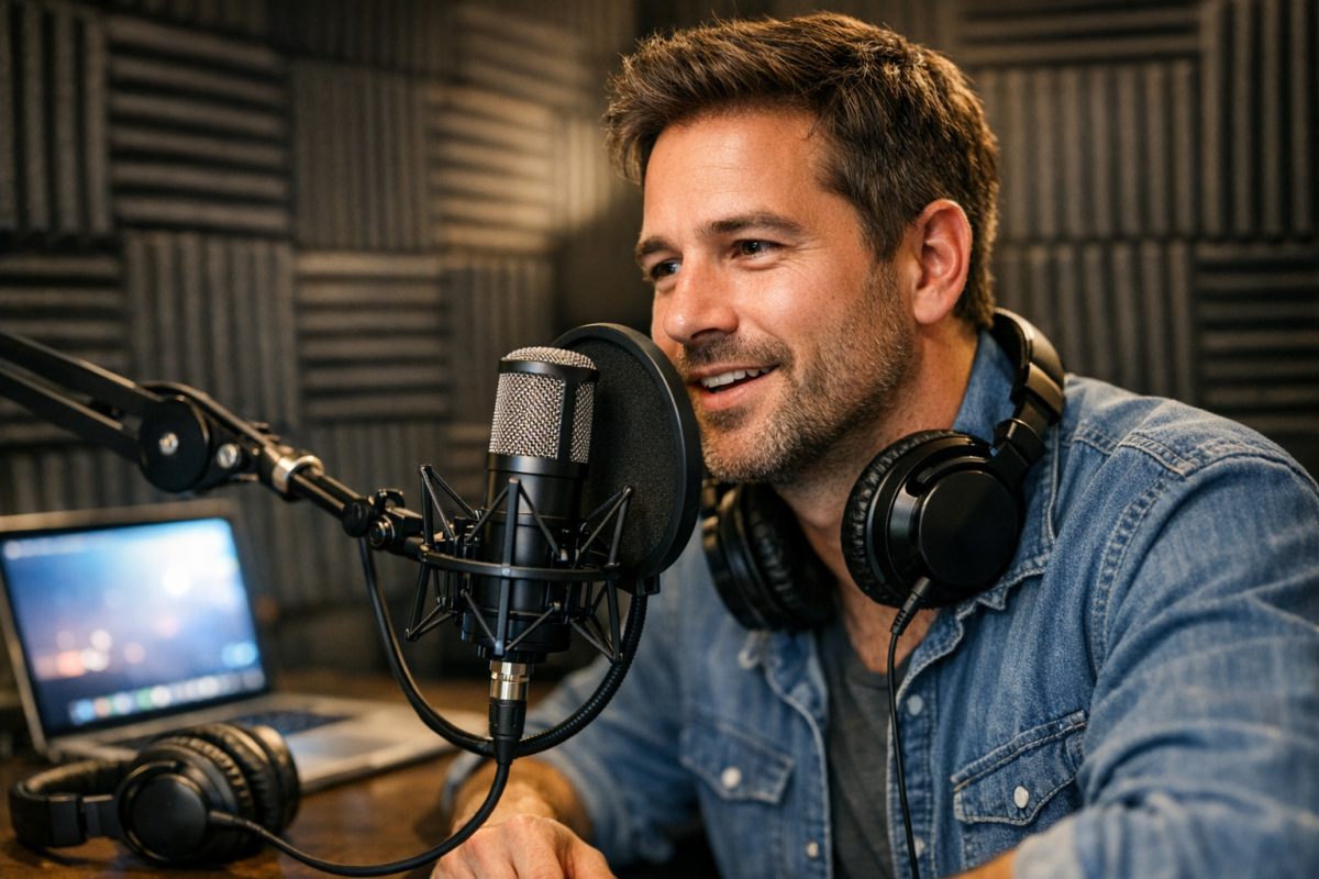 Podcaster recording episode at microphone setup