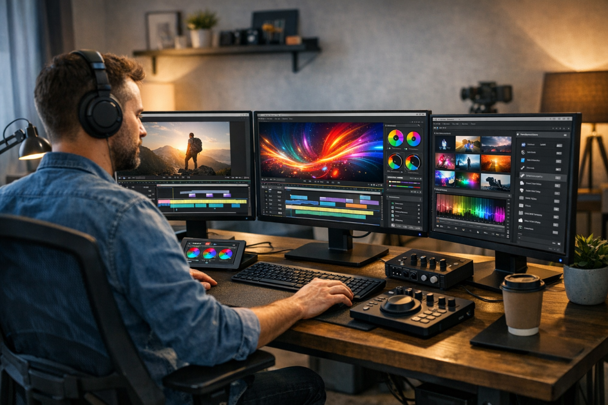 Freelancer creating custom video on computer