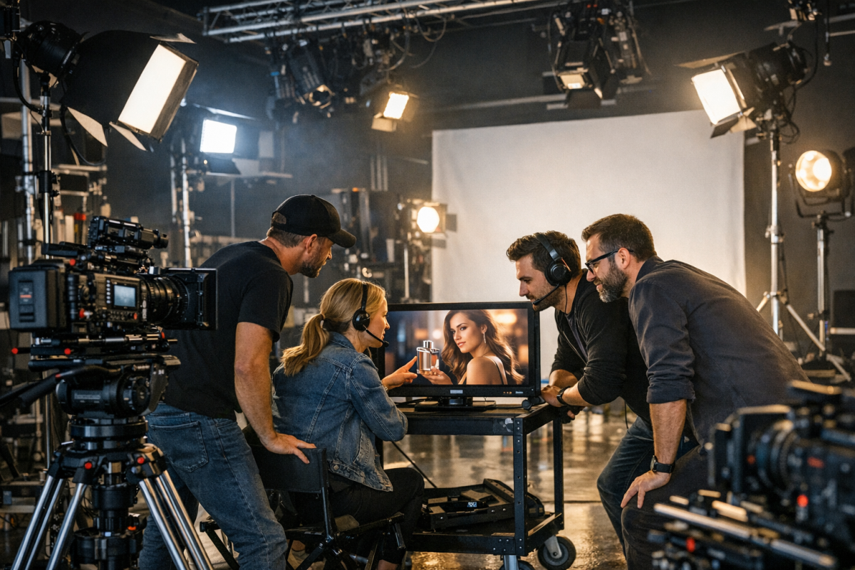 Professional video production crew filming on set