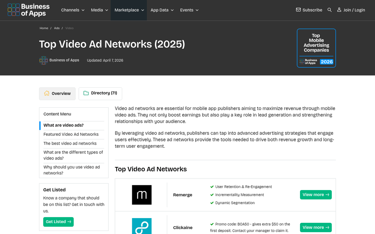 Advertising network selection checklist on screen