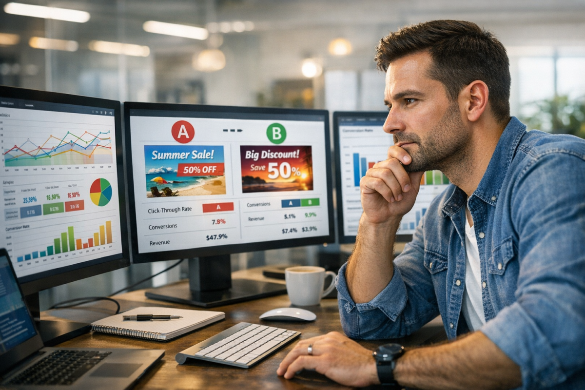 Person analyzing display ad performance data