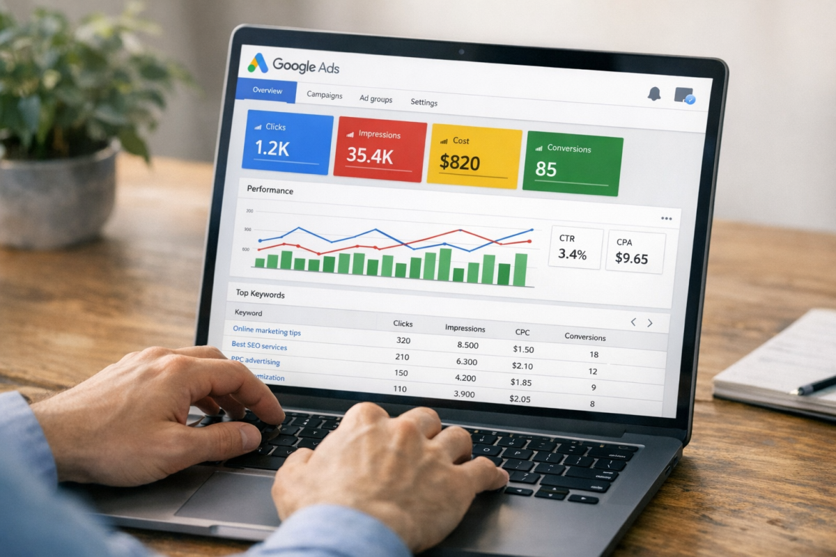 Person reviewing landing page performance metrics