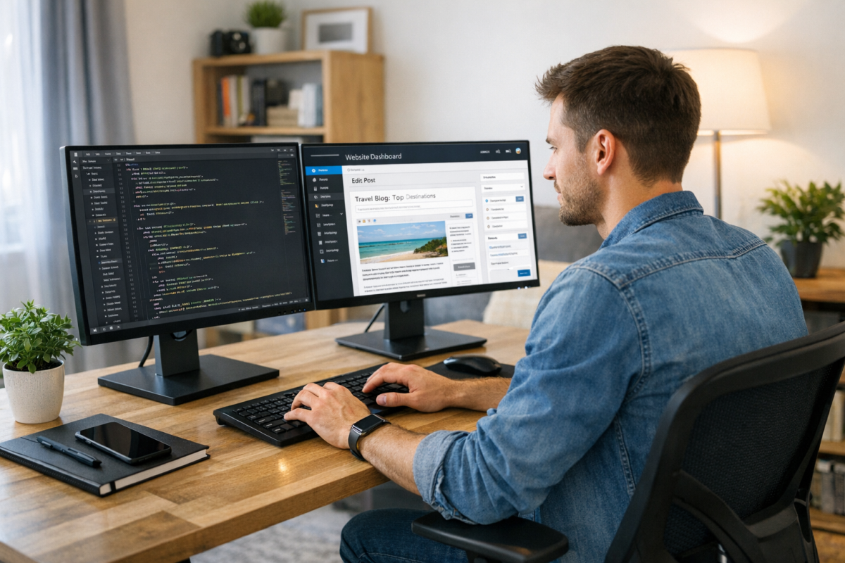 Person managing website admin dashboard controls