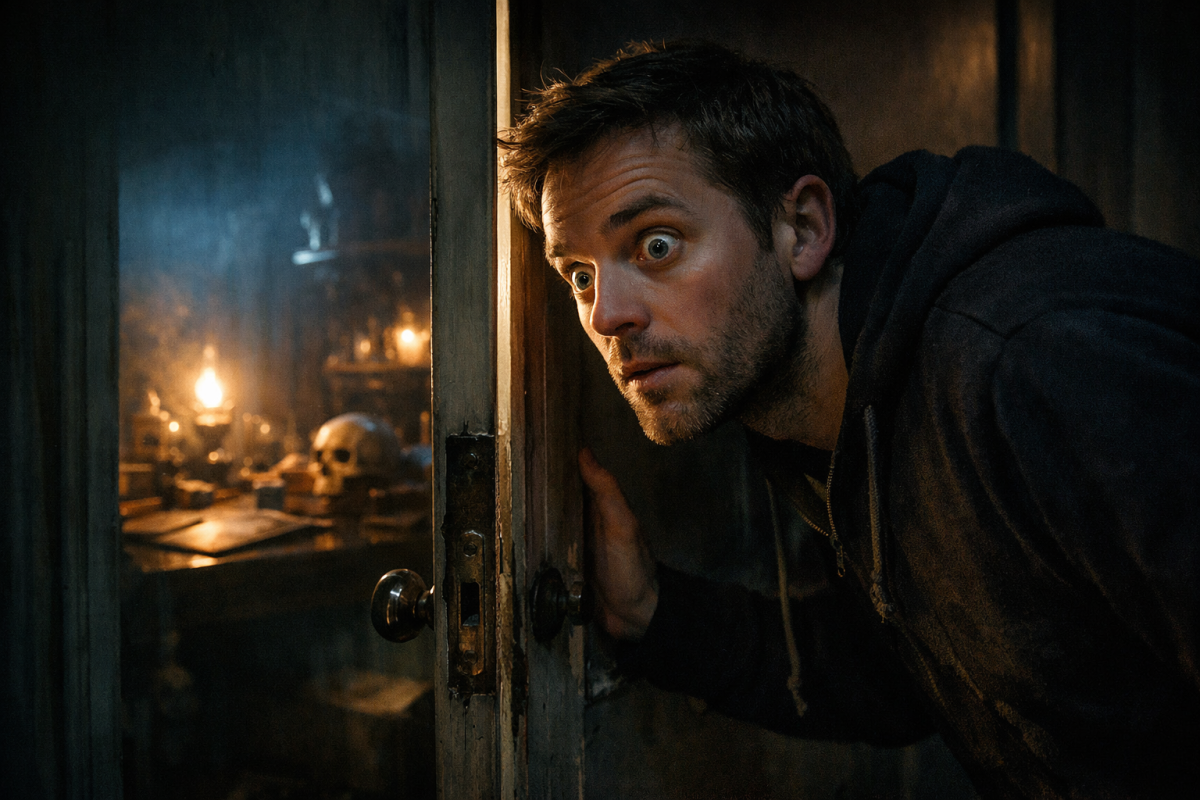 Person peering through keyhole with curiosity