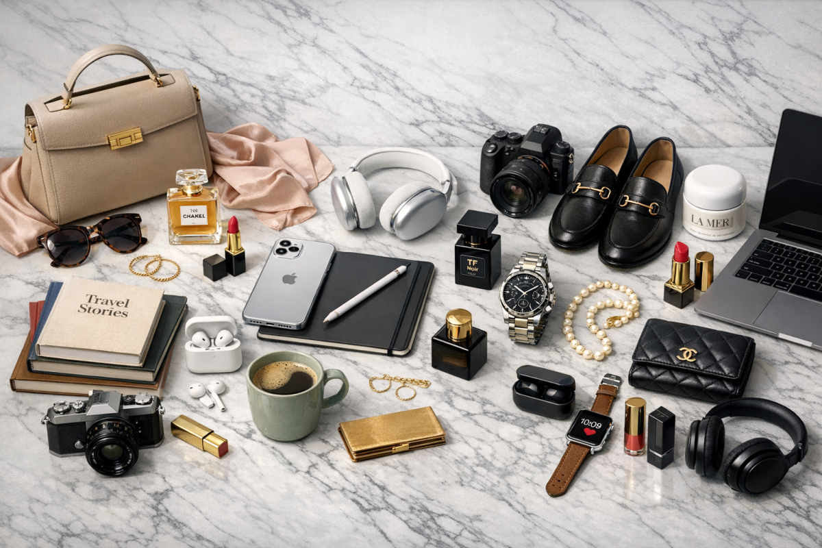 Diverse products arranged in a flat lay