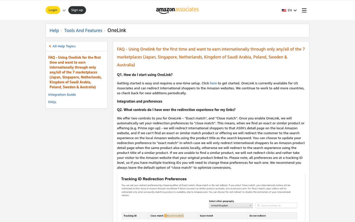 Amazon OneLink dashboard settings interface