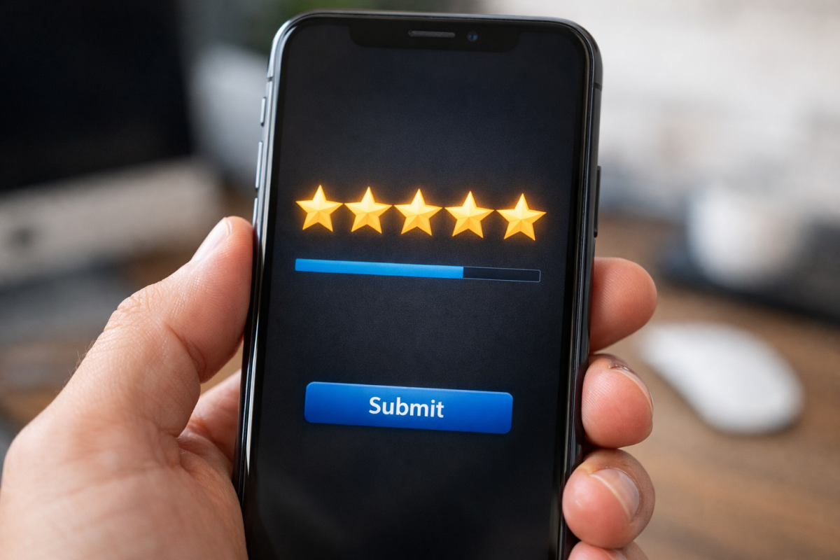 Person receiving positive star rating feedback