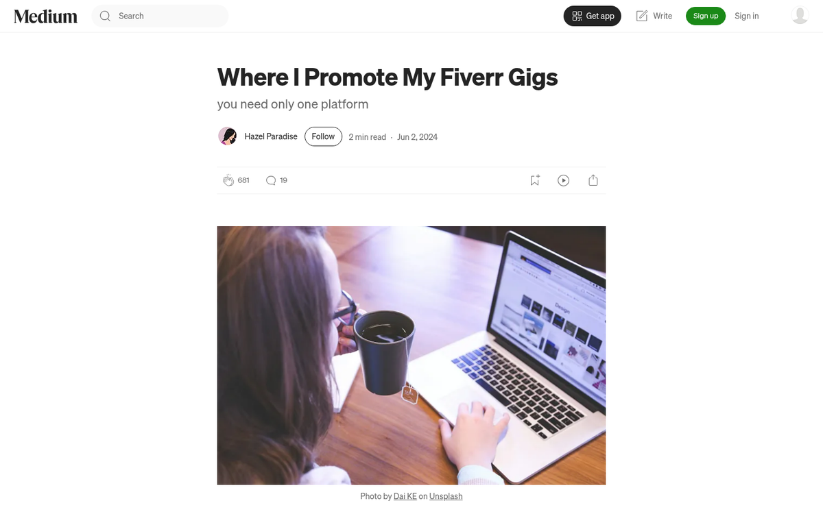 Fiverr gig promoted on personal website