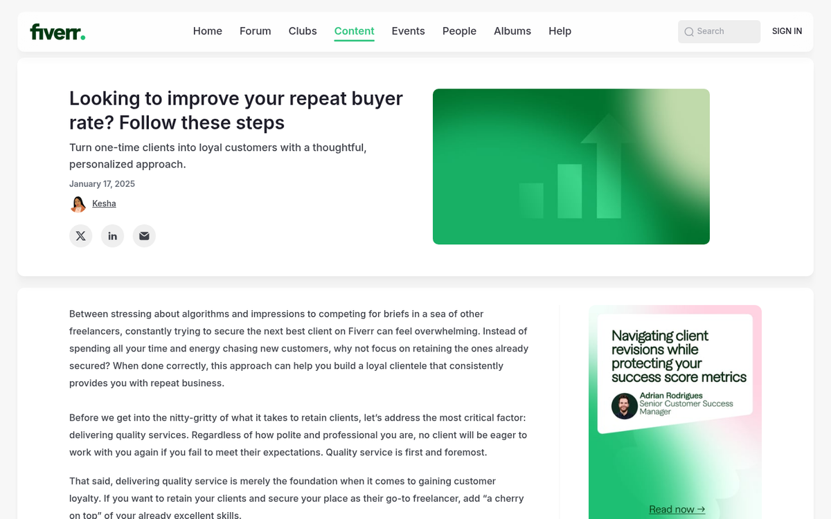 Repeat customer returning to Fiverr gig page
