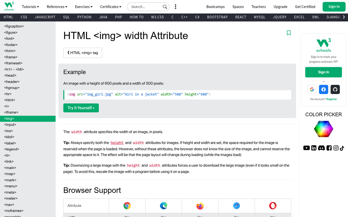 Screenshot showing specified image dimensions in code