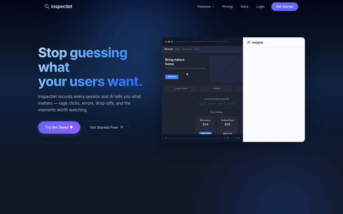 Inspectlet website analytics dashboard interface screenshot