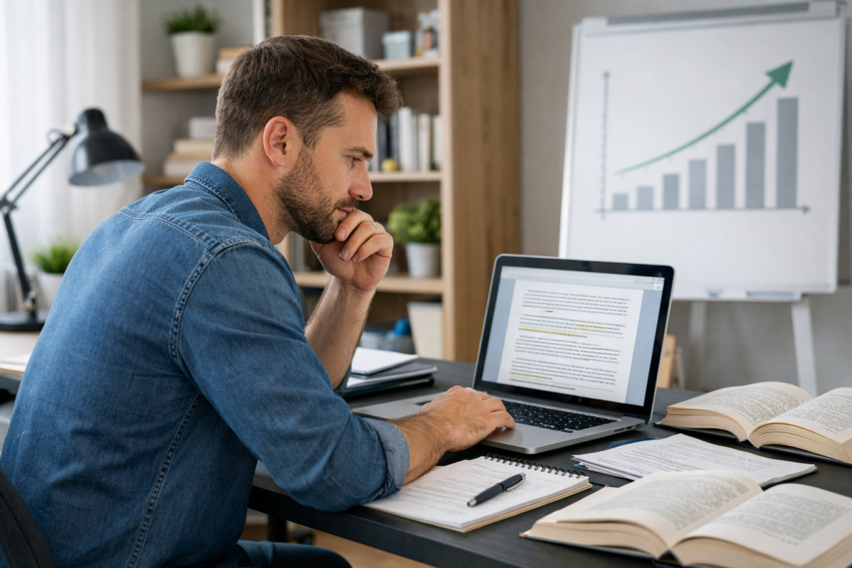 Person reading and taking notes at desk