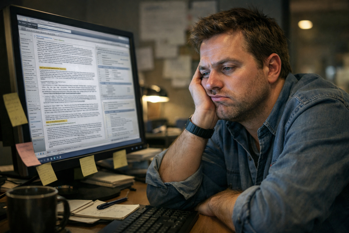 Bored person reading dull website content