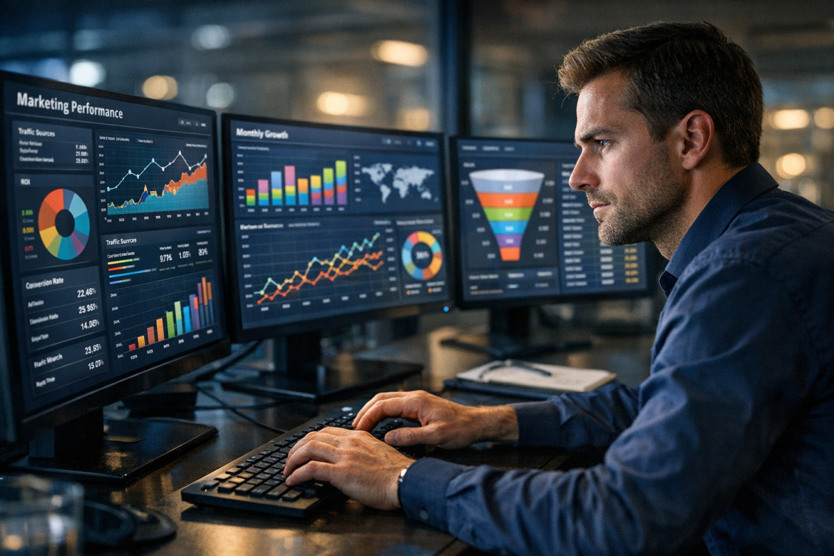 Person analyzing affiliate marketing statistics dashboard