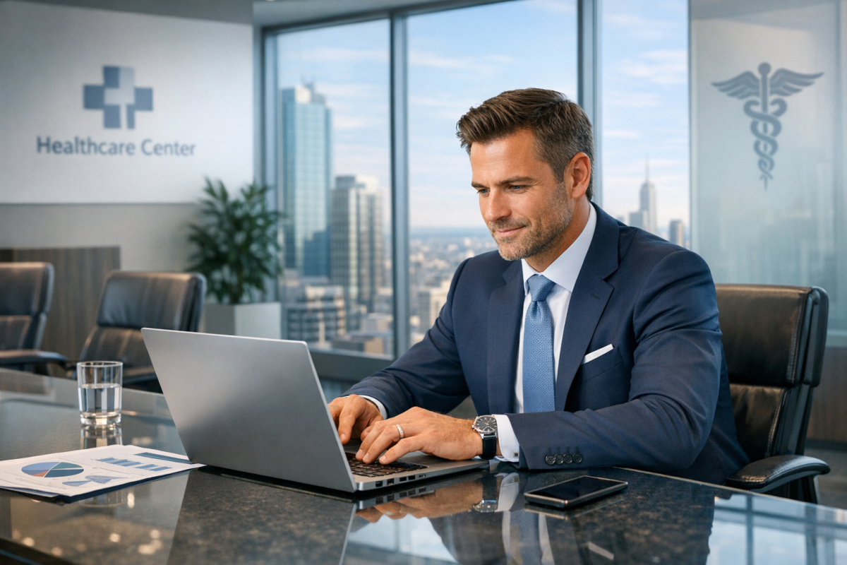 Businessman analyzing client data on screen