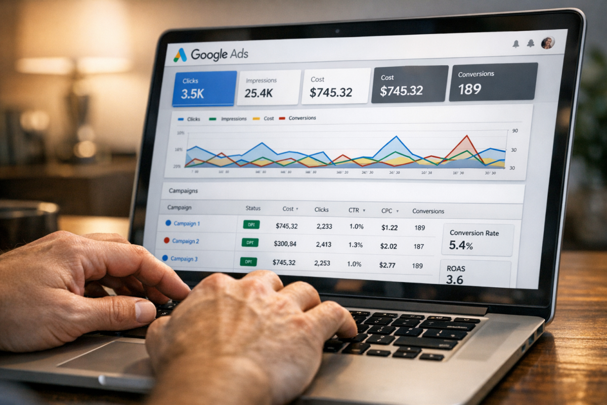 Person analyzing online advertising campaign data