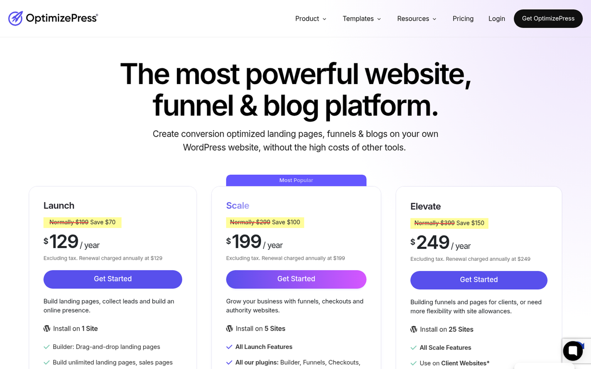 OptimizePress pricing plans and costs overview